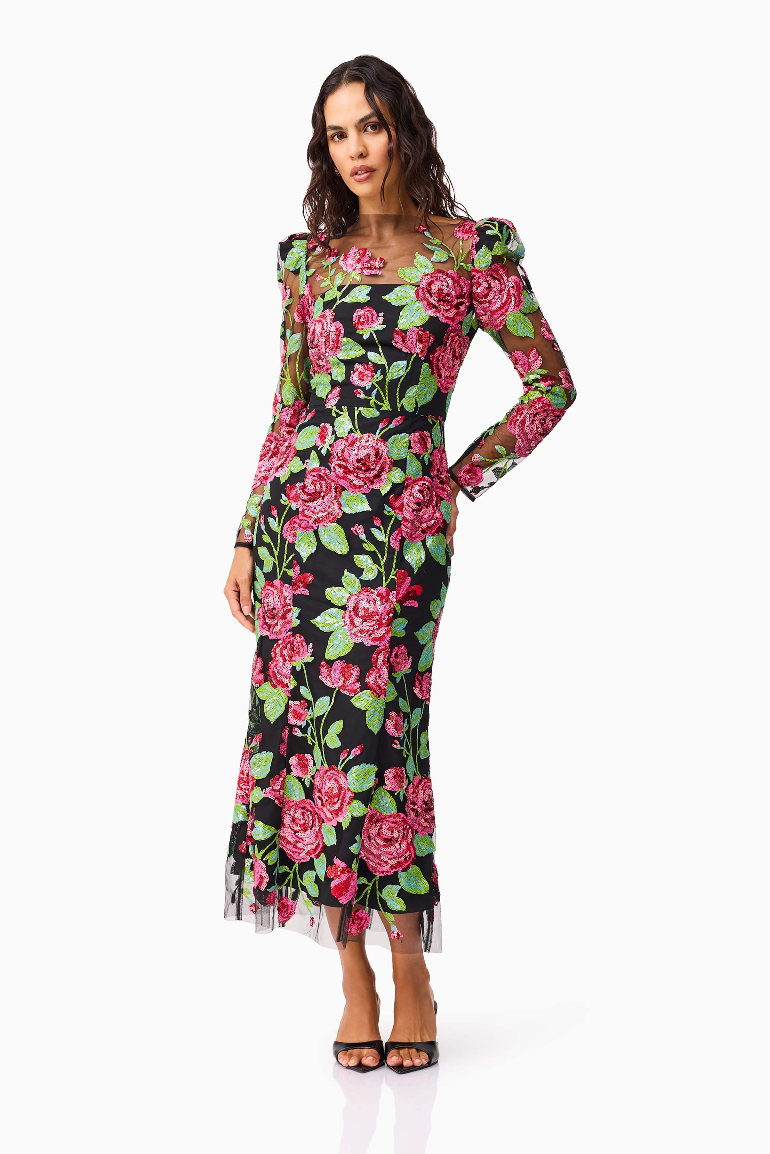 Lyra Sequin Long Sleeve Midi Dress in Pink & Green Floral