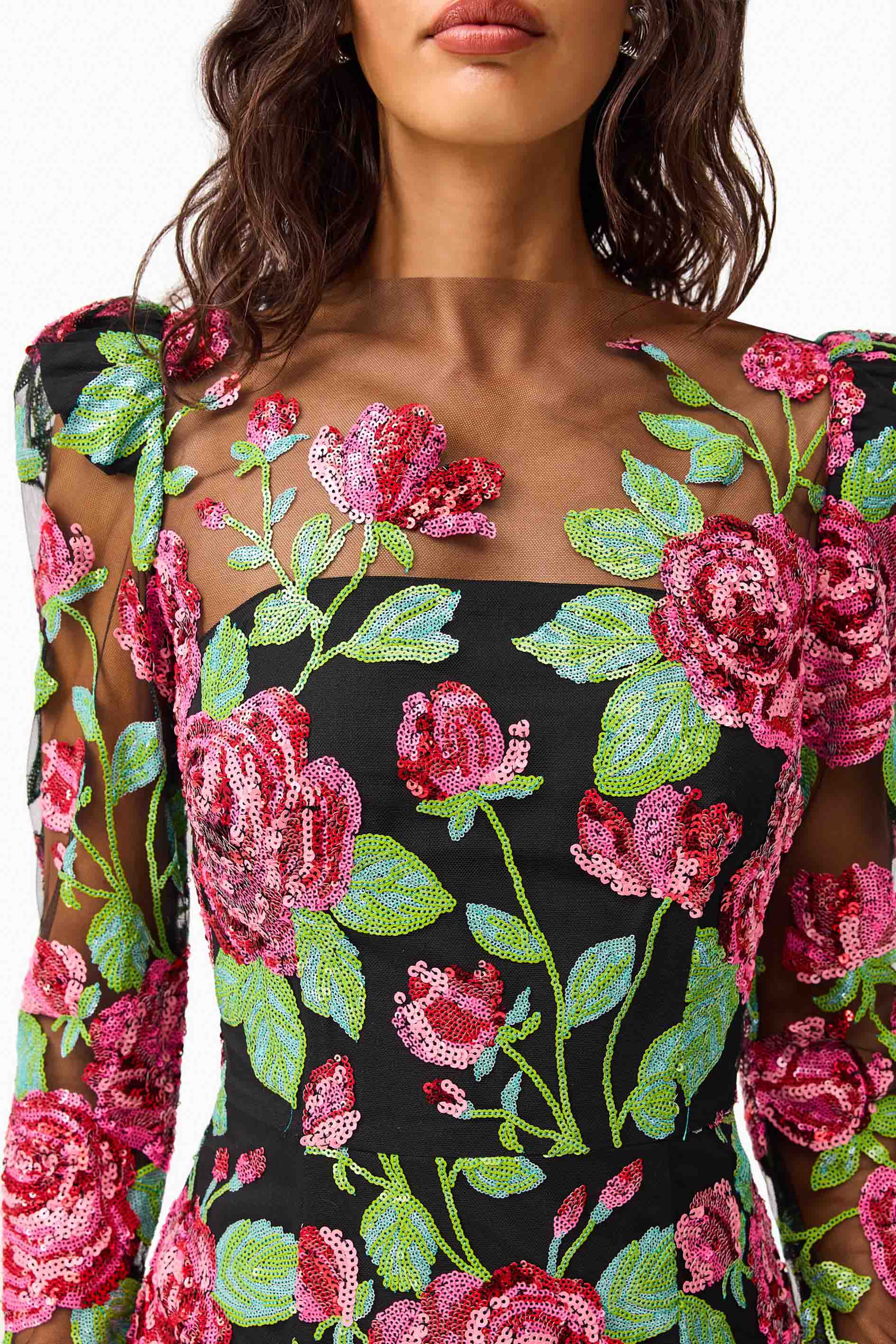 Lyra Sequin Long Sleeve Midi Dress in Pink & Green Floral