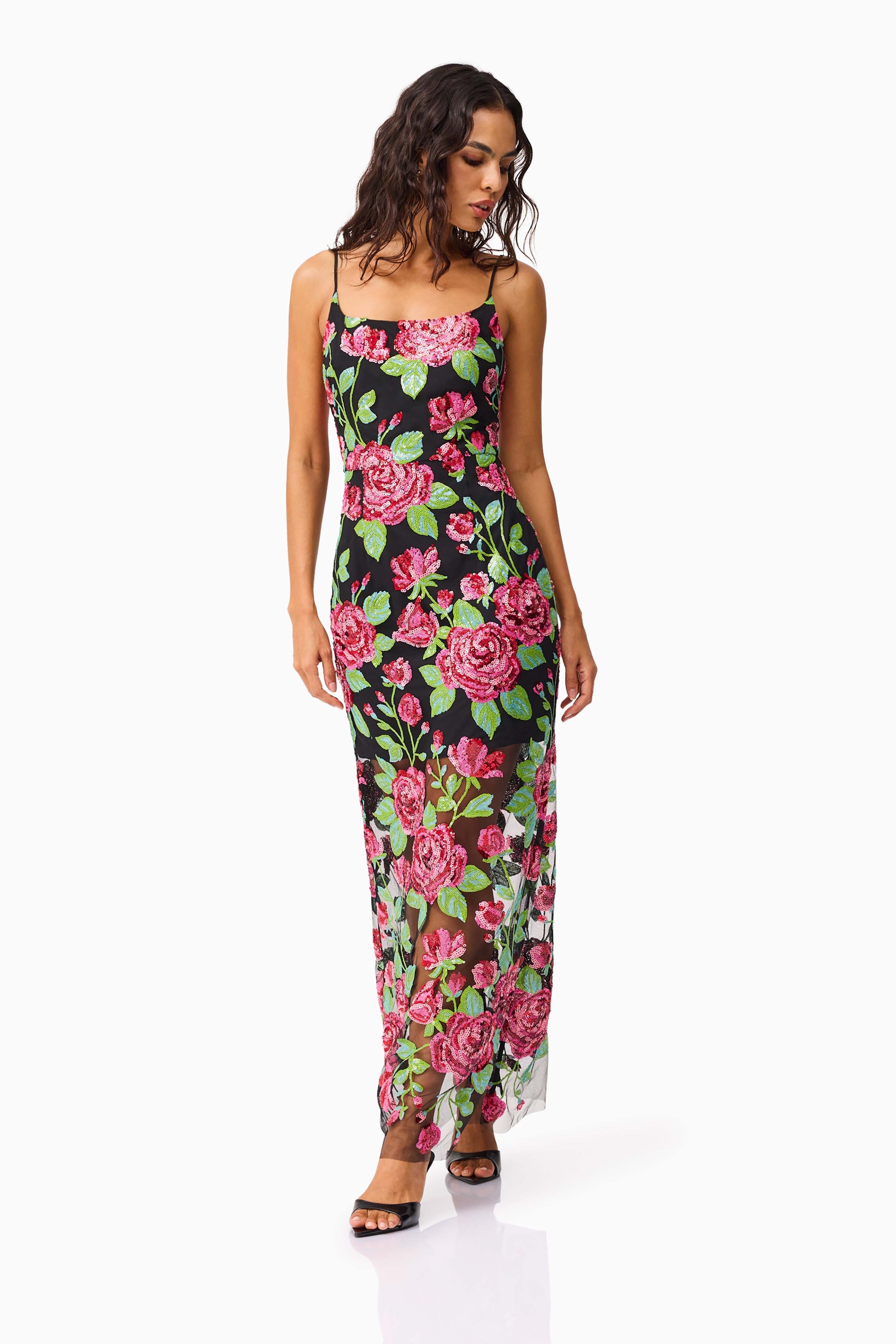Lyra Sequin Gown in Pink & Green Floral