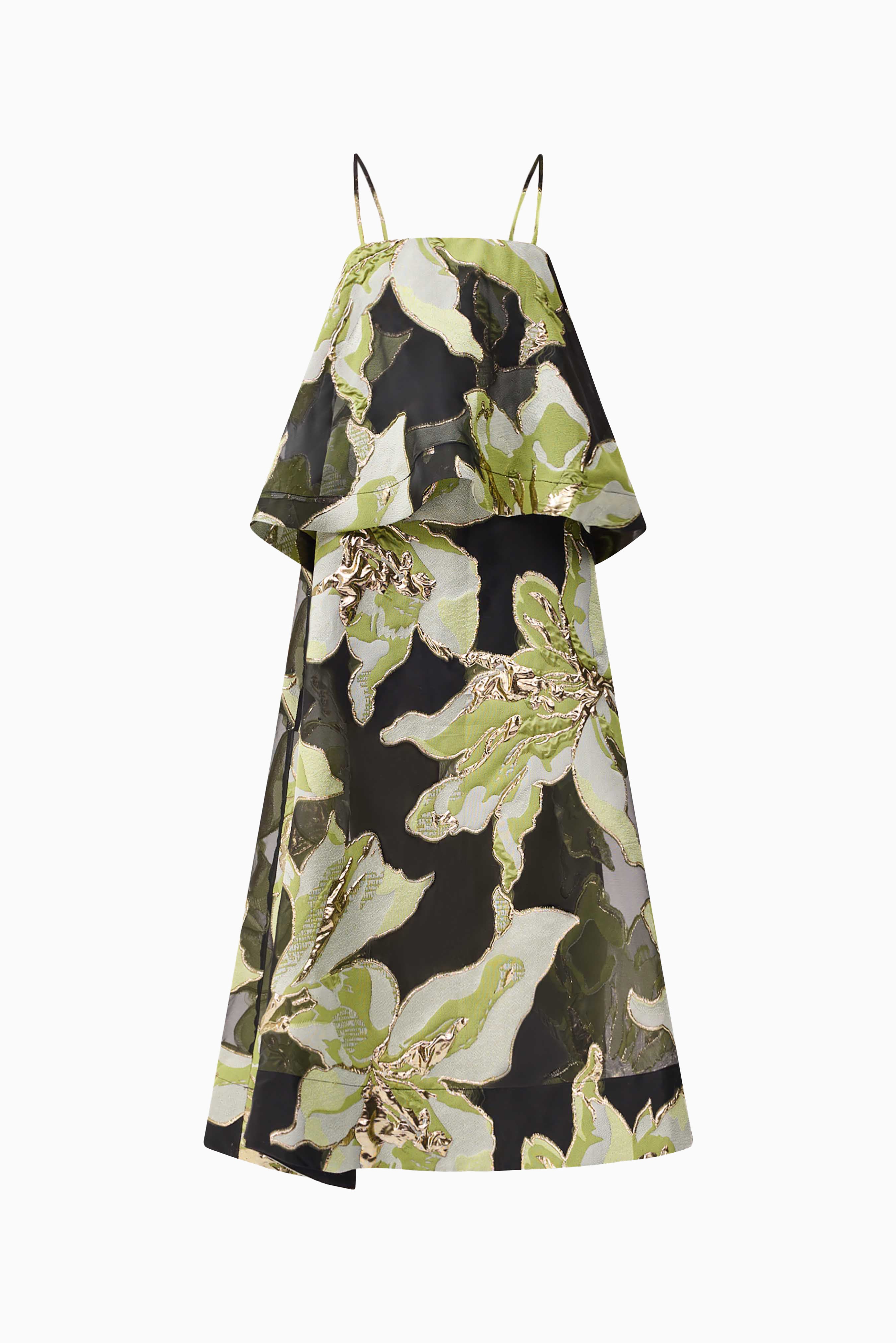 Elysia Tiered Gown in Black & Green Floral