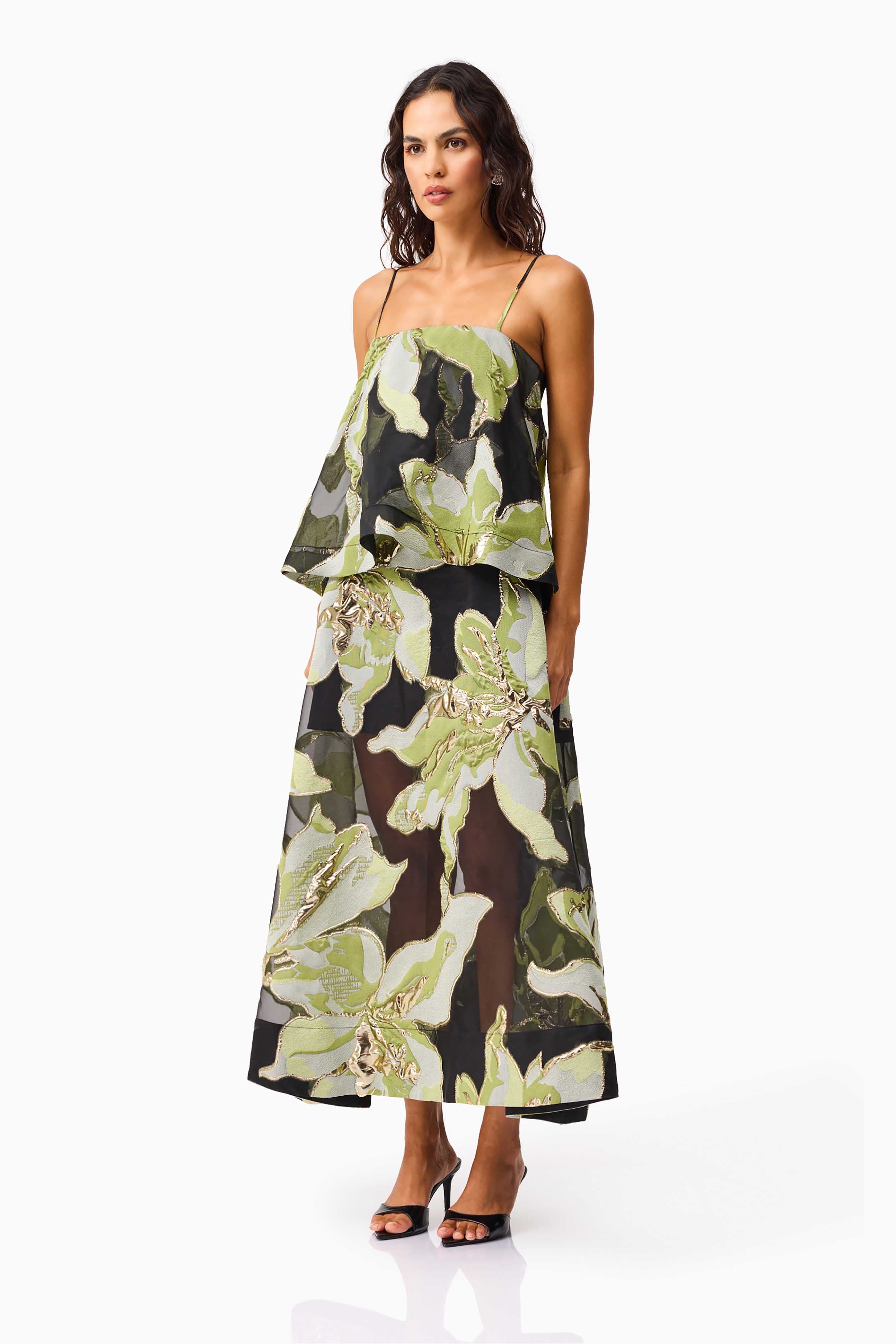 Elysia Tiered Gown in Black & Green Floral