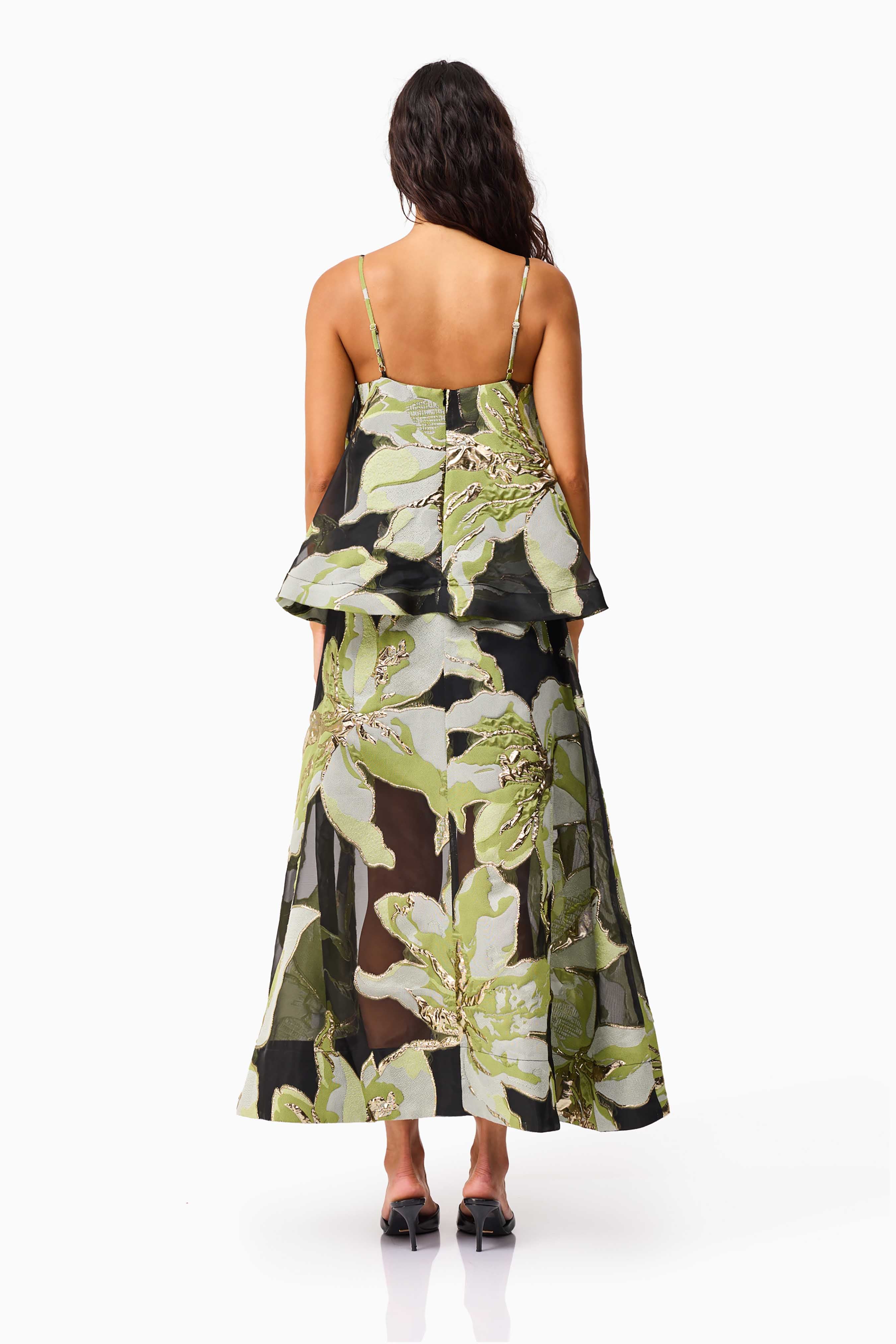 Elysia Tiered Gown in Black & Green Floral
