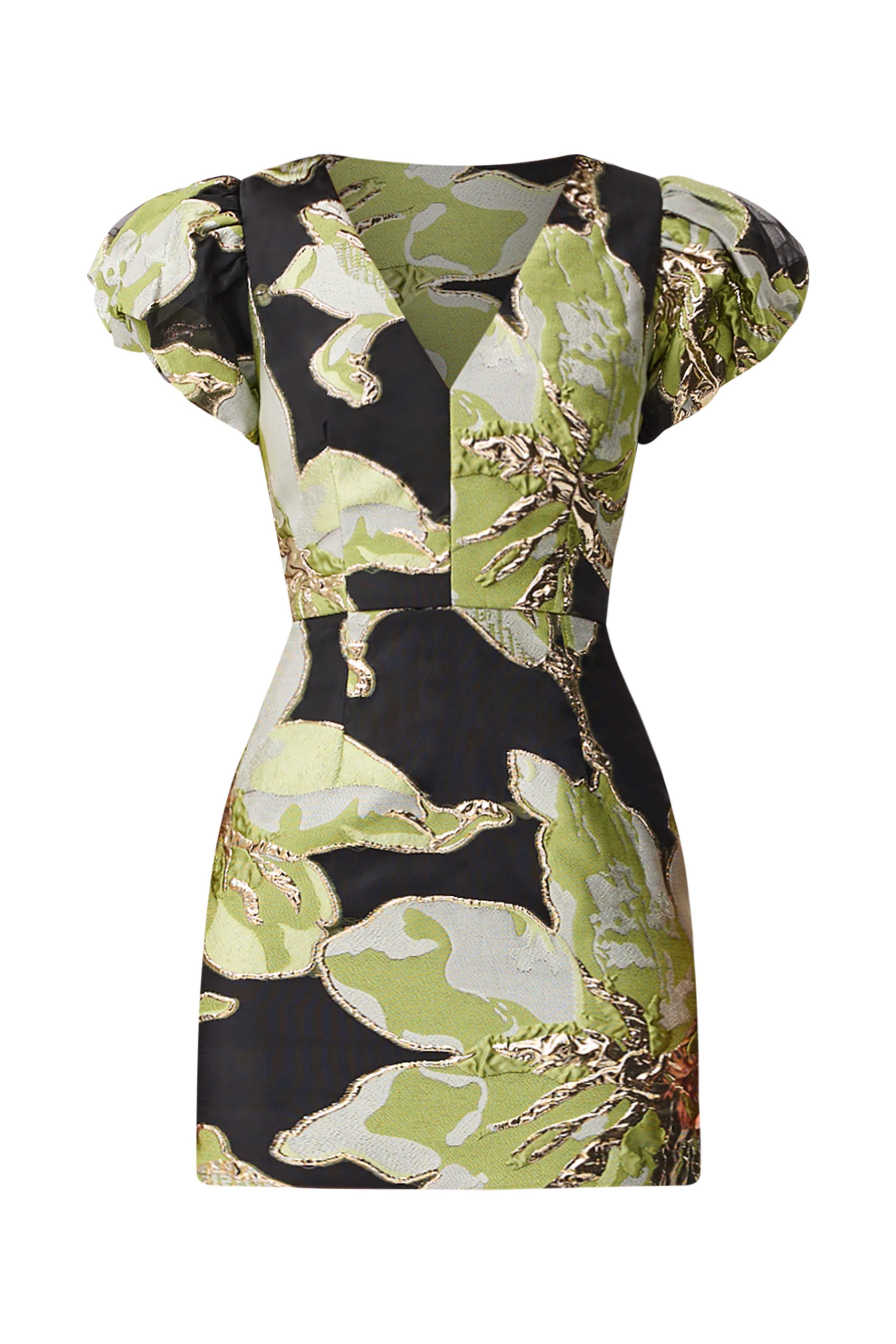 Elysia Cap Sleeve Mini Dress in Black & Green Floral