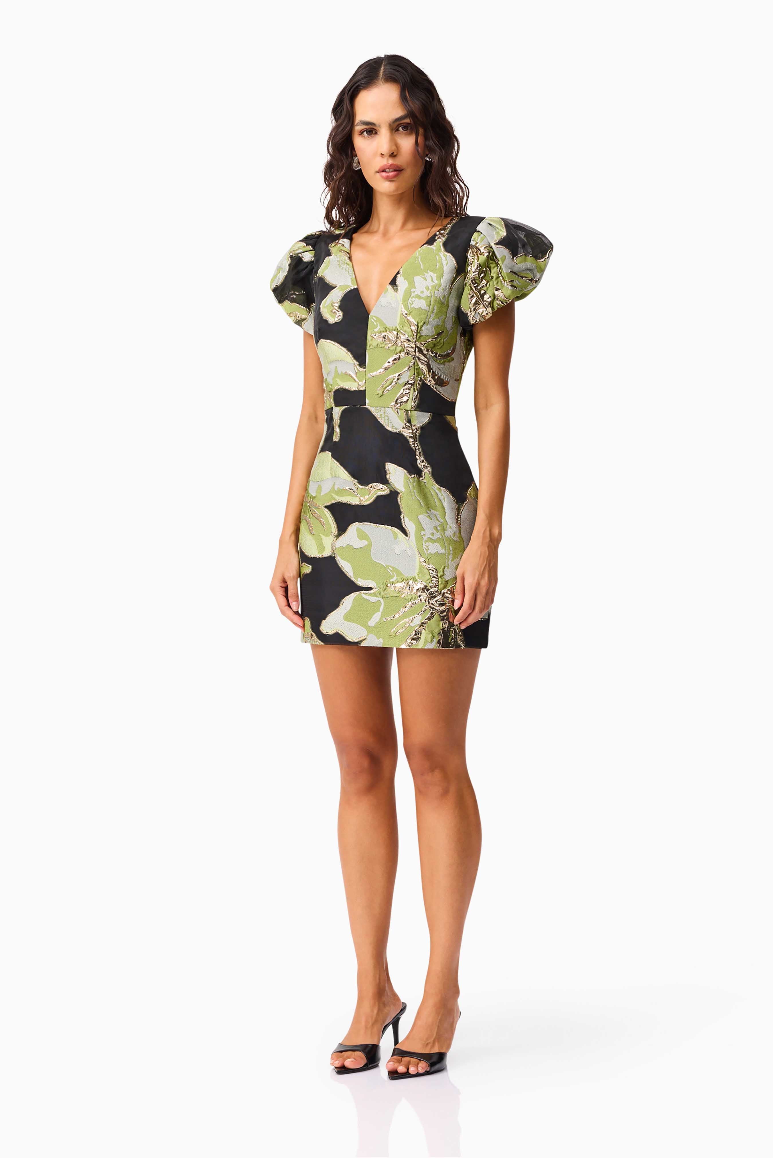 Elysia Cap Sleeve Mini Dress in Black & Green Floral