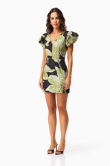 Elysia Cap Sleeve Mini Dress in Black & Green Floral