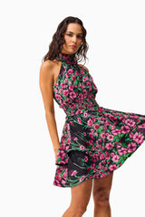 Estelle Halter Mini Dress in Black & Pink Floral