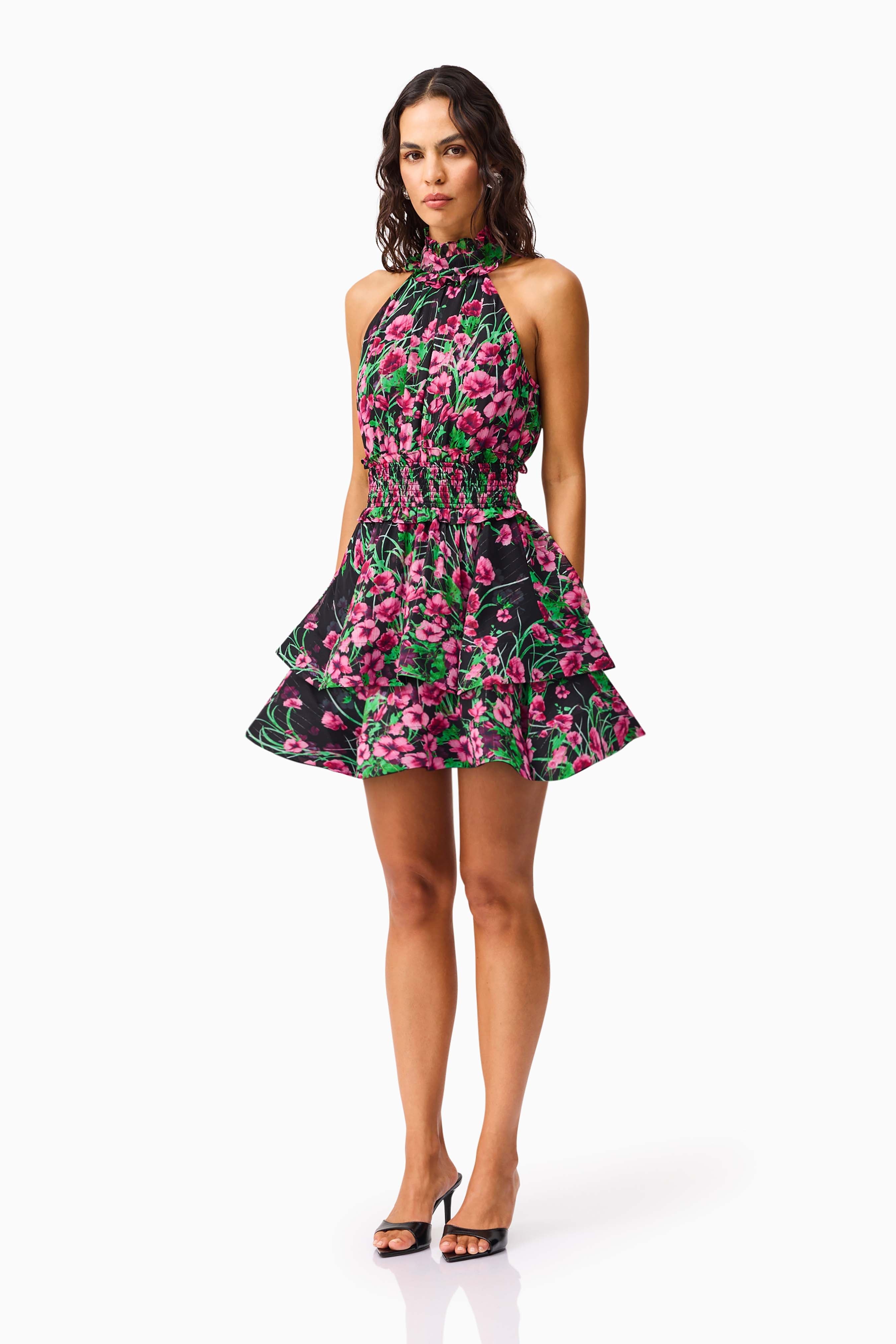Estelle Halter Mini Dress in Black & Pink Floral