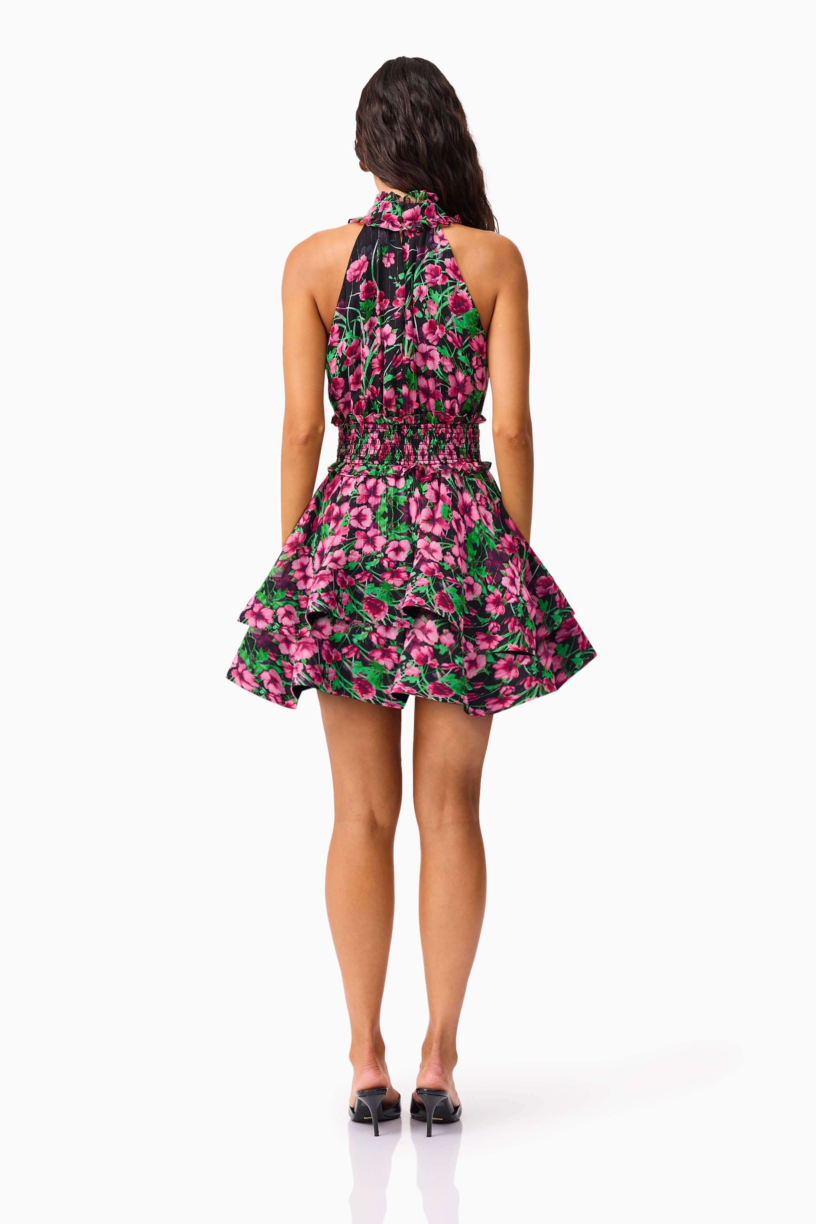 Estelle Halter Mini Dress in Black & Pink Floral