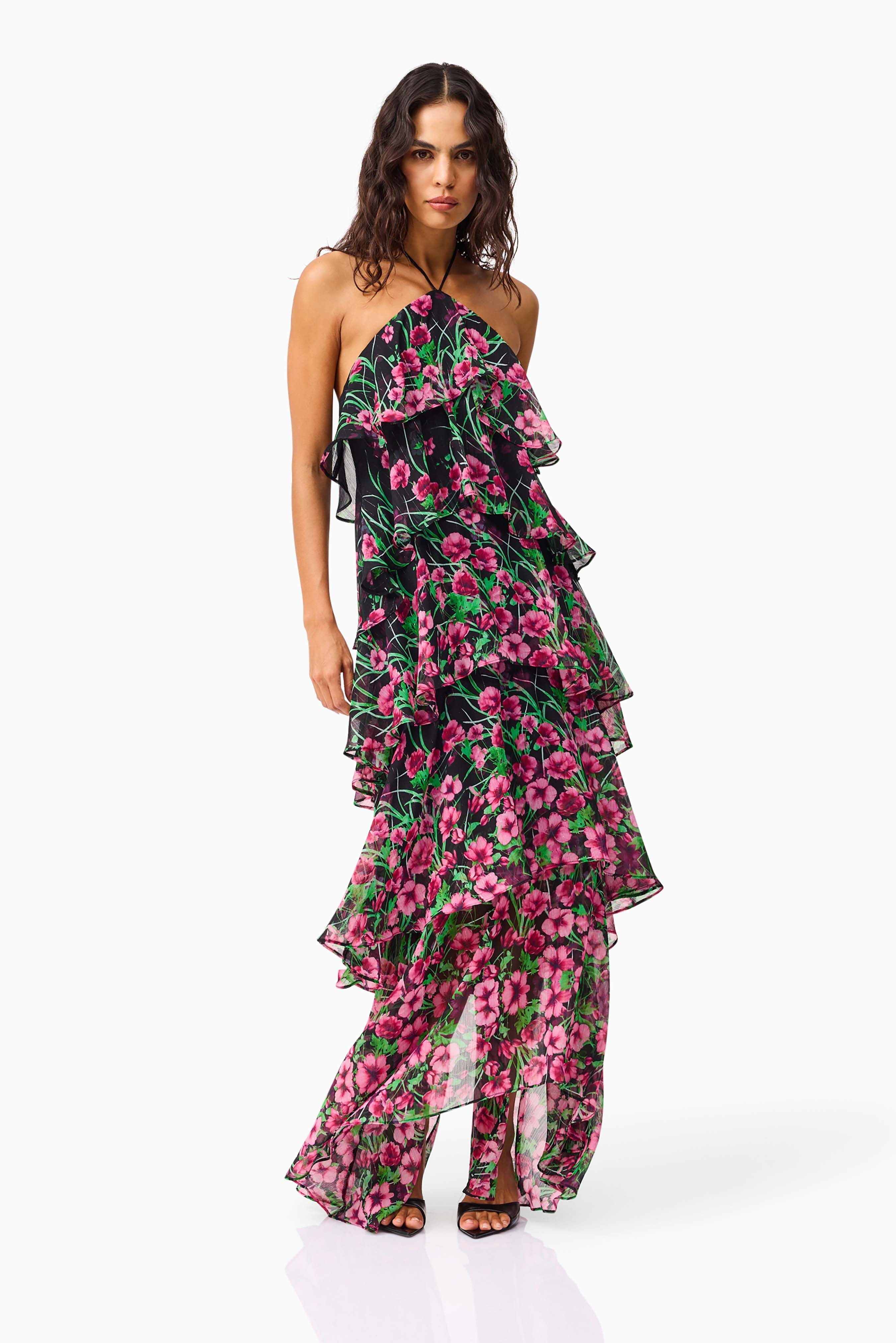 Estelle Halter Gown in Black & Pink Floral