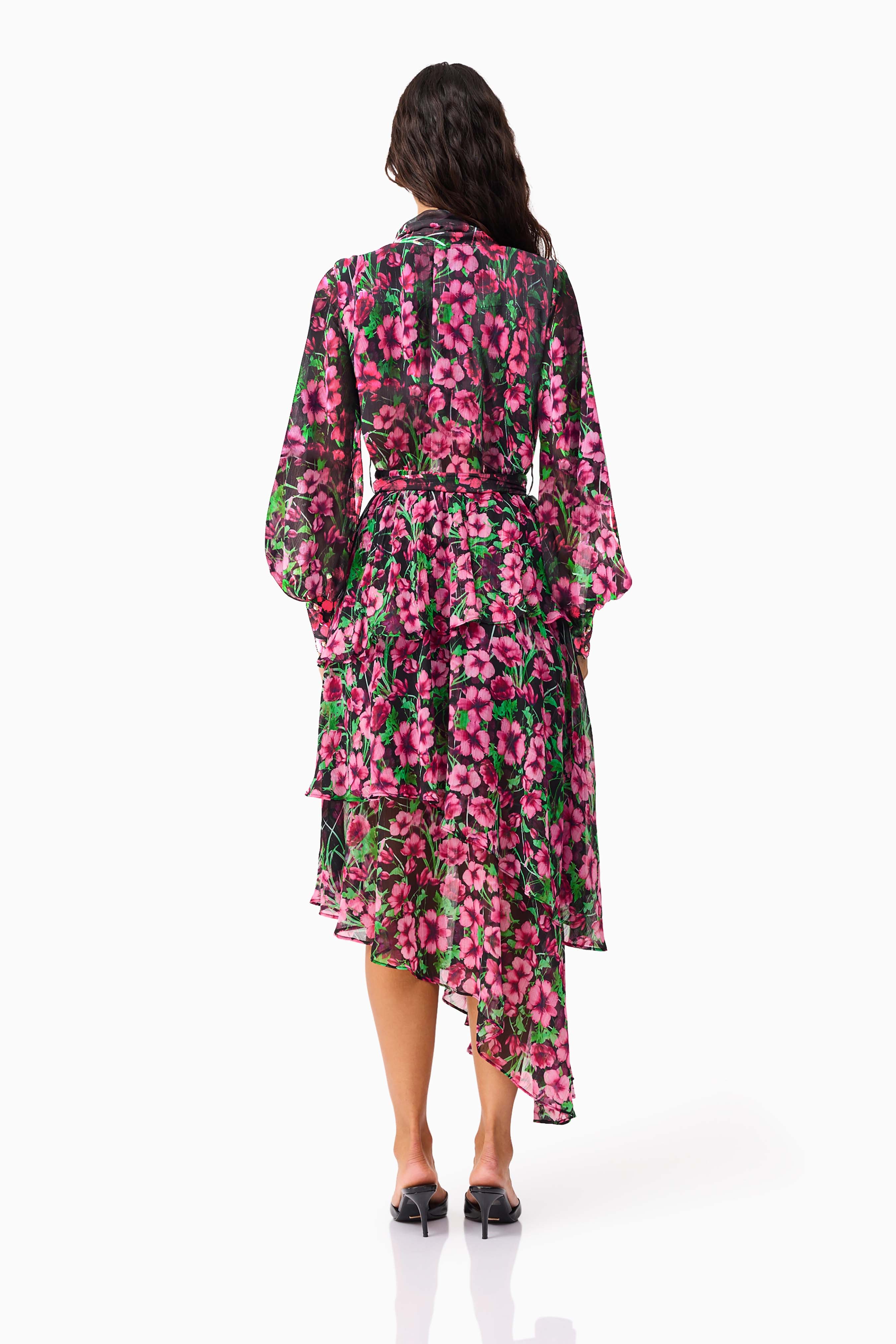 Estelle Long Sleeve Maxi Dress in Black & Pink Floral