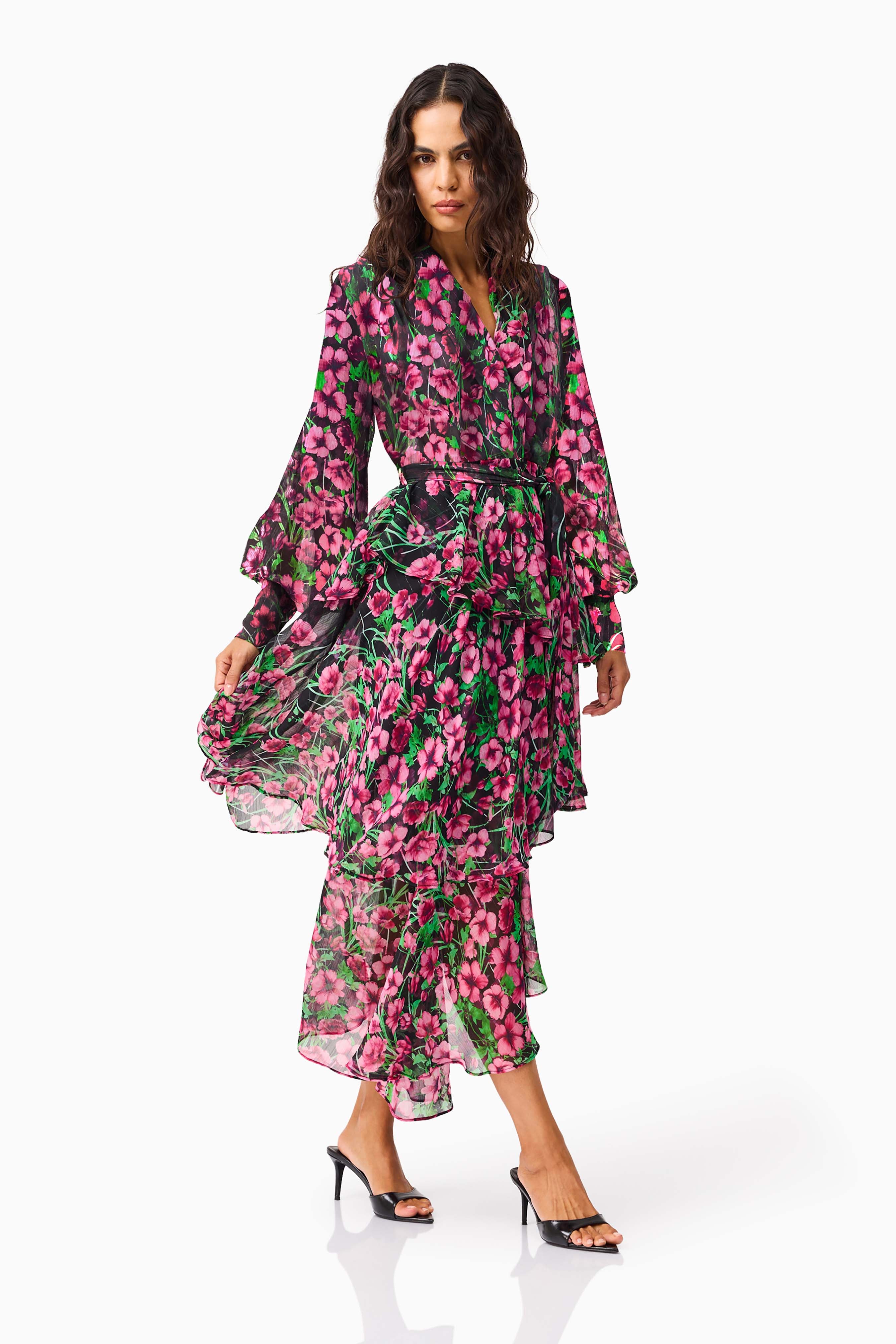 Estelle Long Sleeve Maxi Dress in Black & Pink Floral