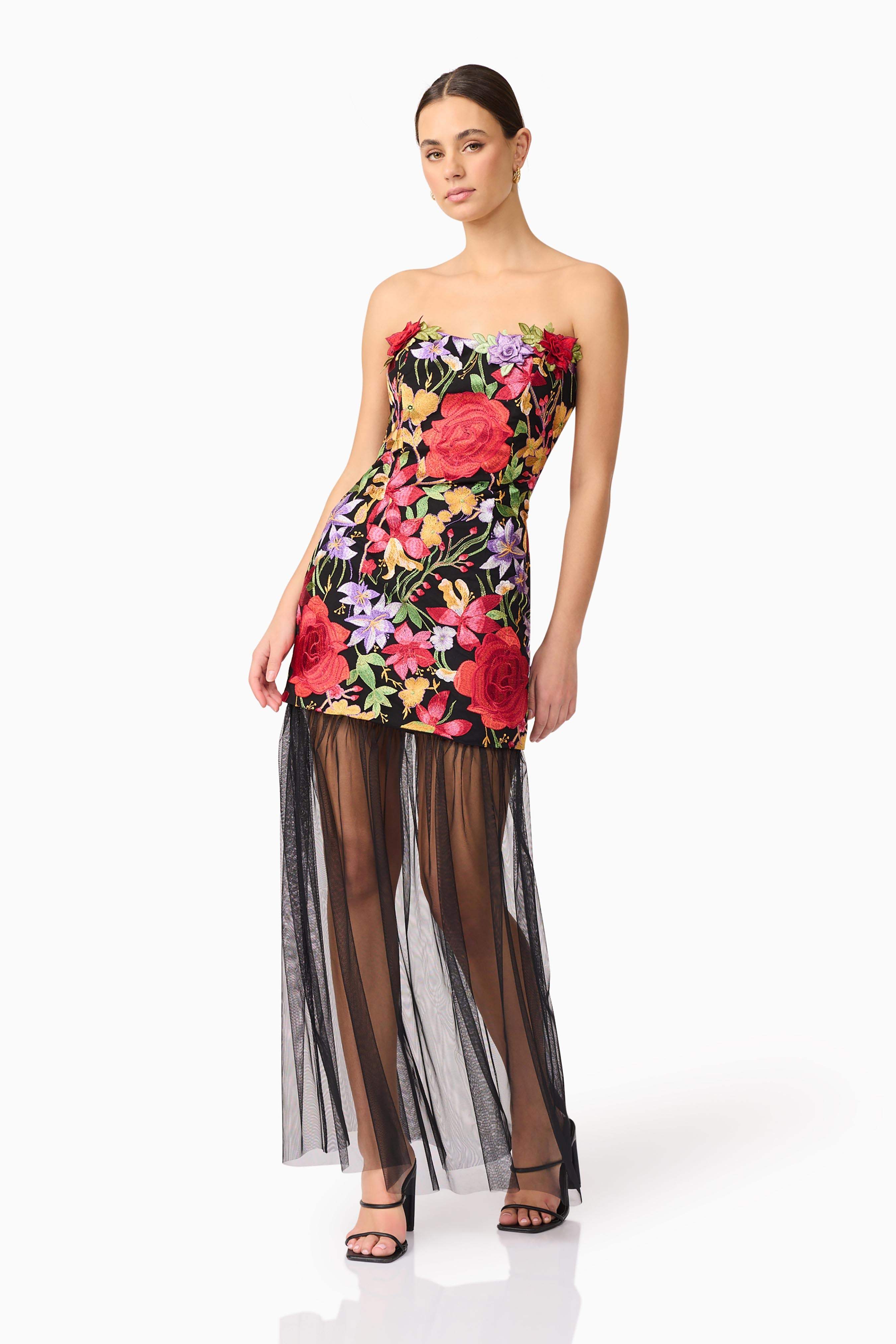 Talia Strapless Maxi Dress in Black Floral