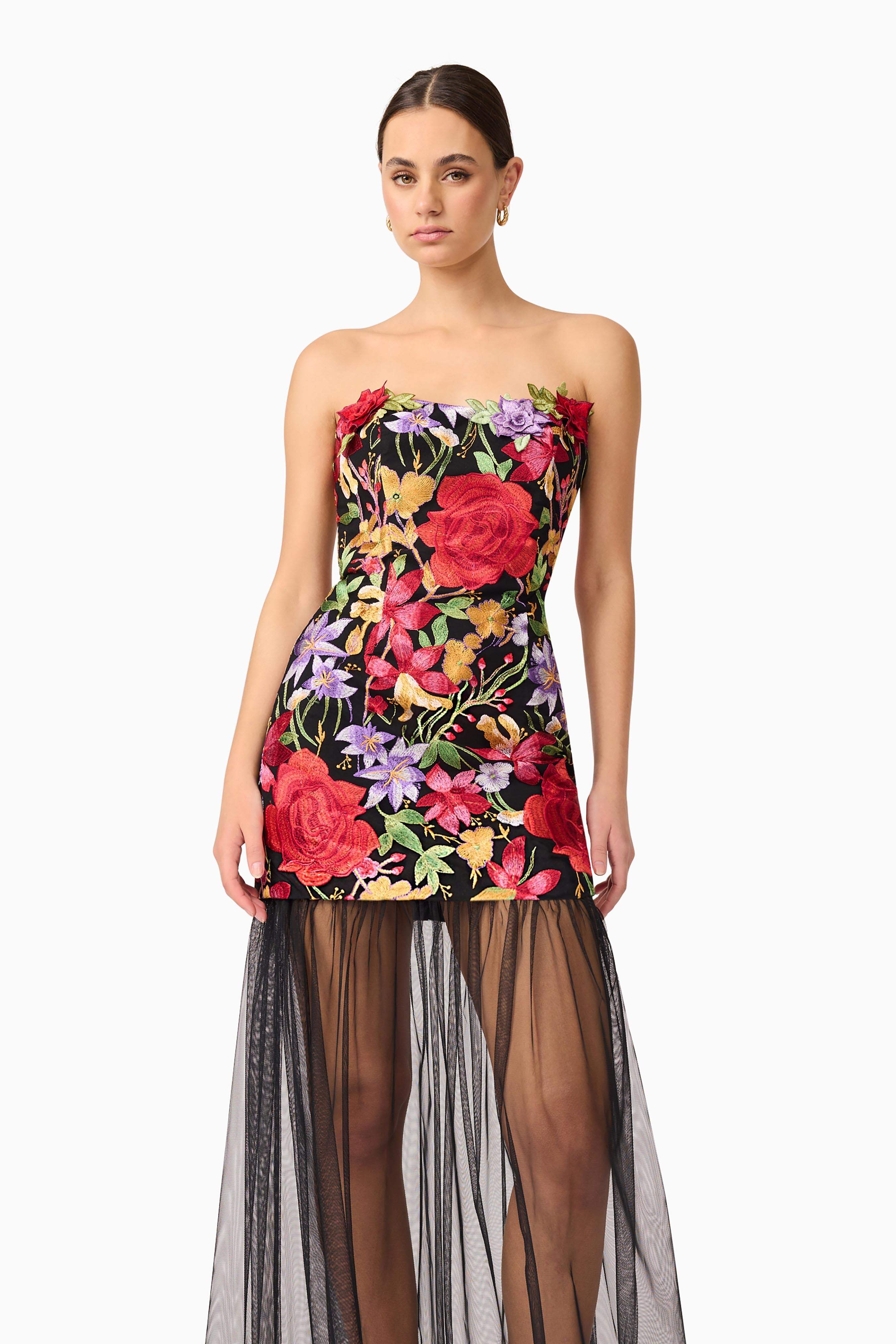 Talia Strapless Maxi Dress in Black Floral