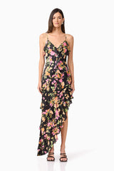 Tess Floral Asymmetrical Maxi Dress in Black