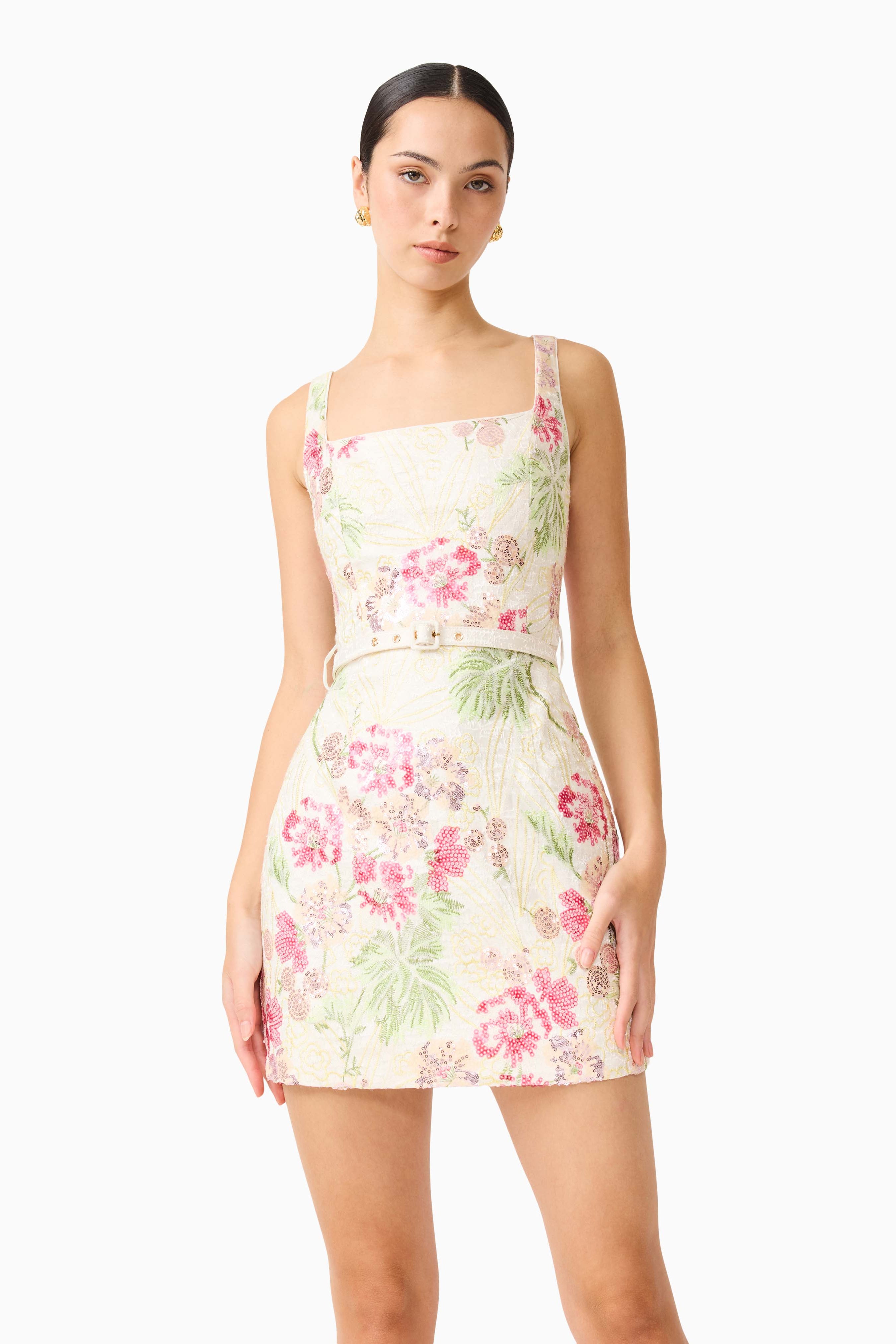 Greta Embroidered Mini Dress in Cream & Pink Floral