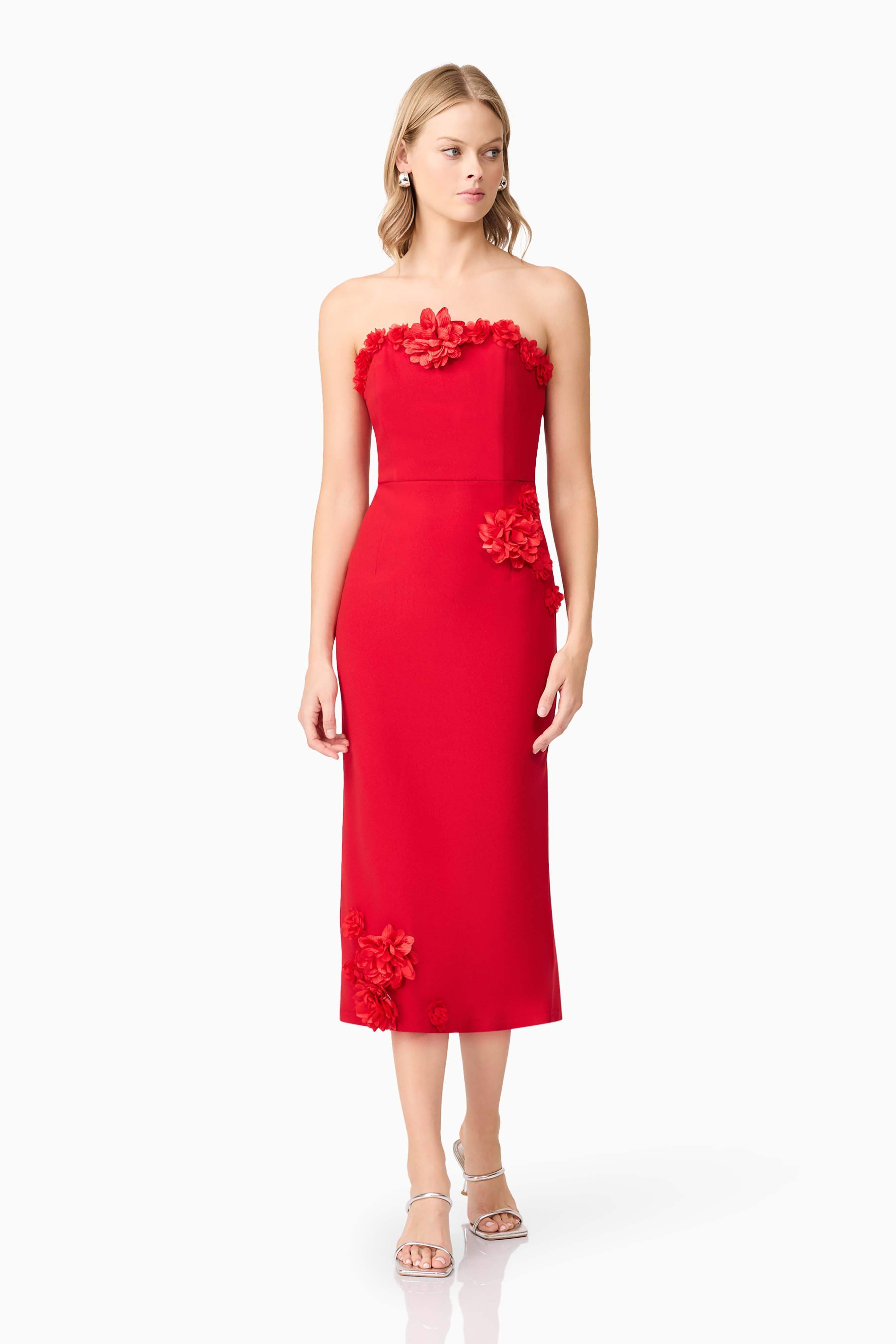 Keahna Floral Midi Dress In Red