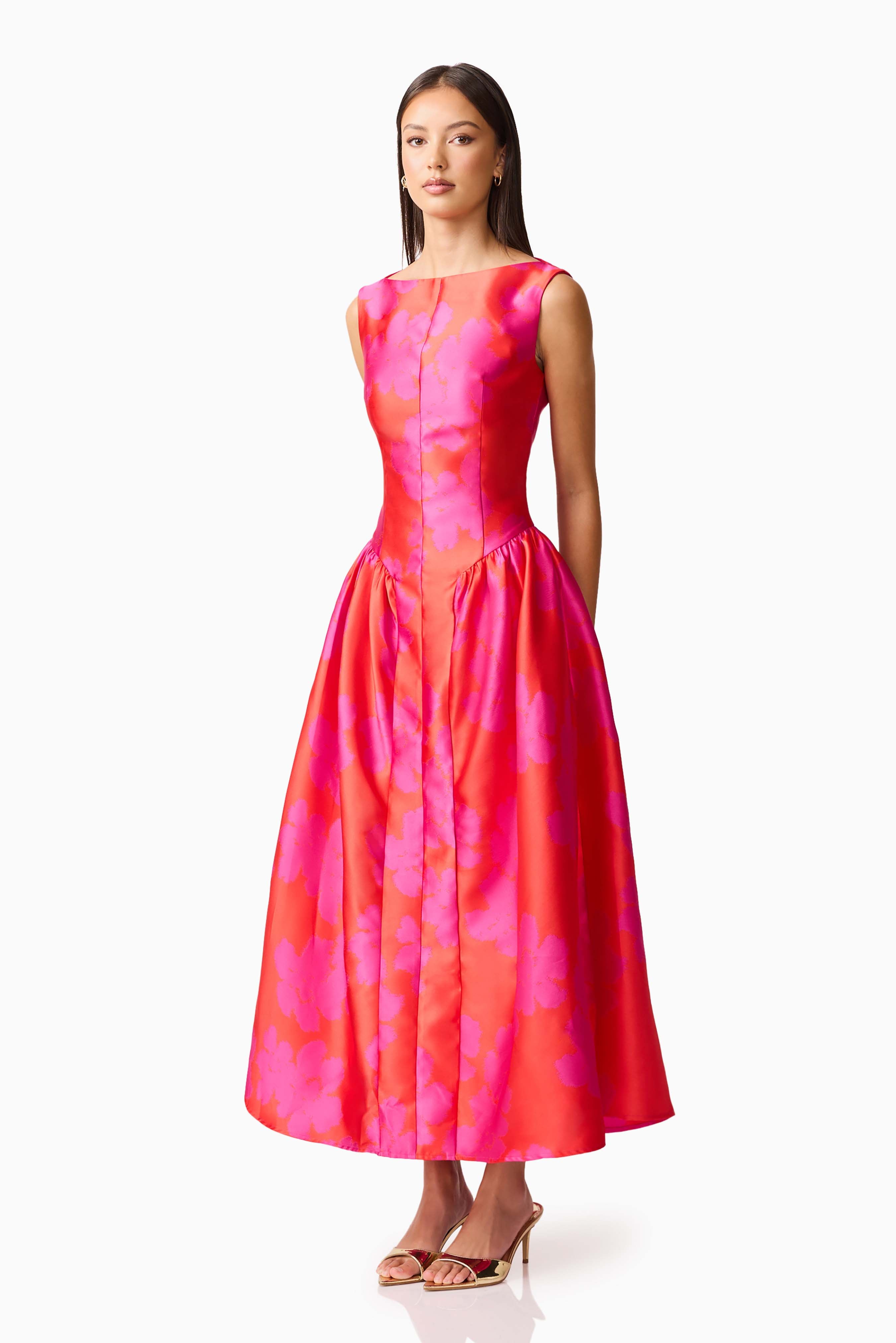 Eloise A-Line Midi Dress in Pink & Red