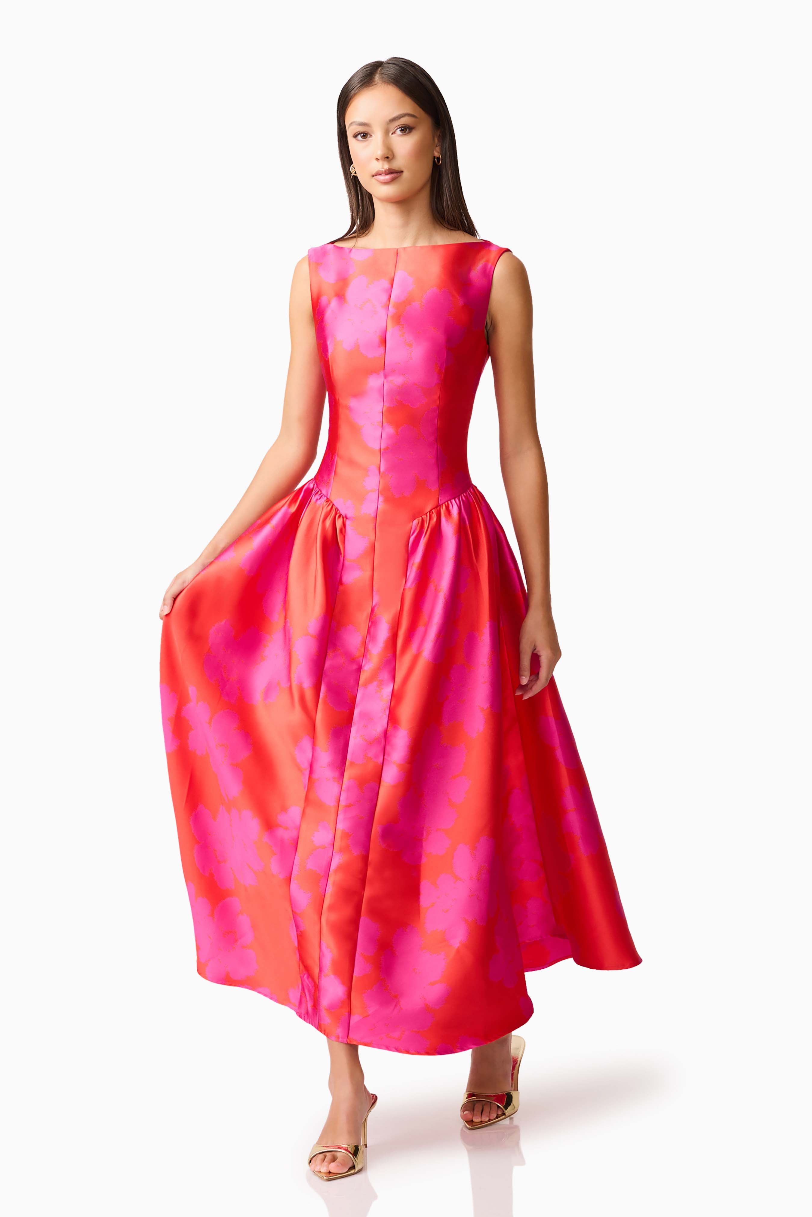 Eloise A-Line Midi Dress in Pink & Red