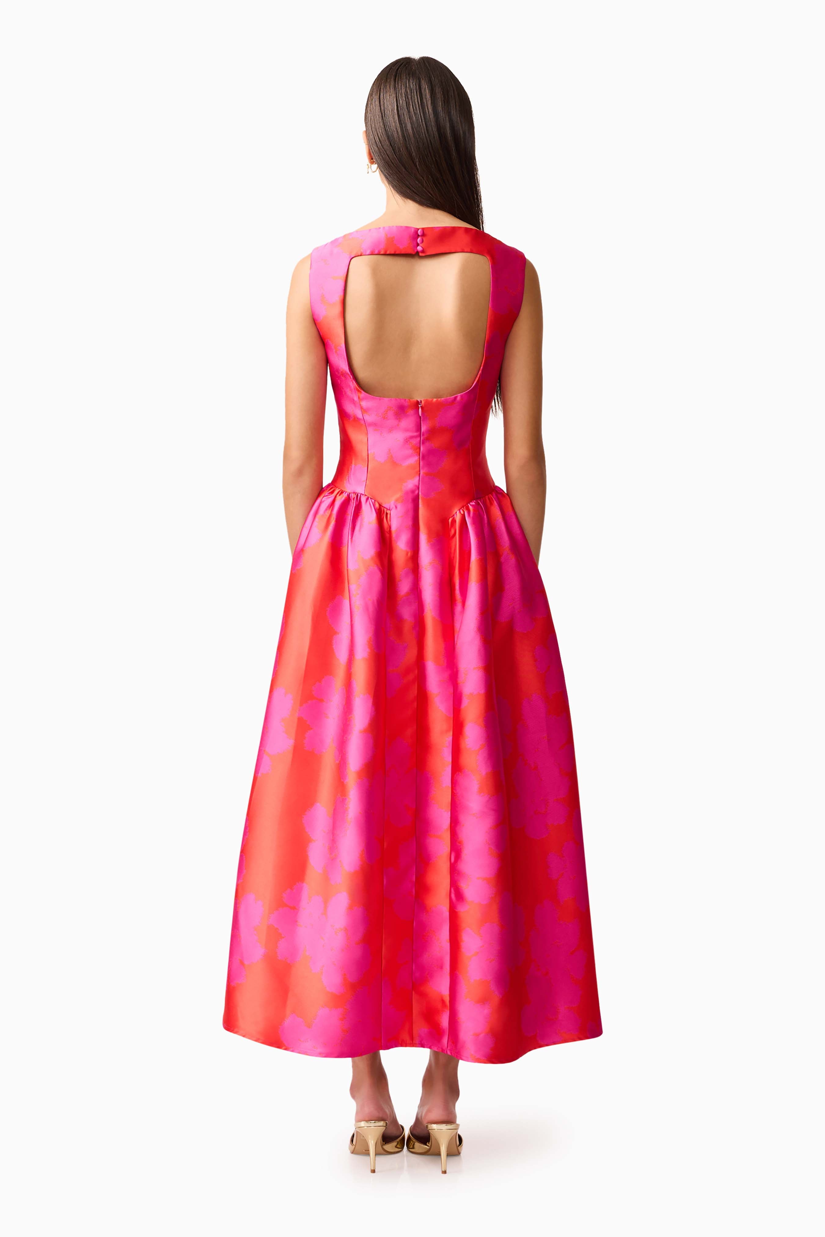 Eloise A-Line Midi Dress in Pink & Red