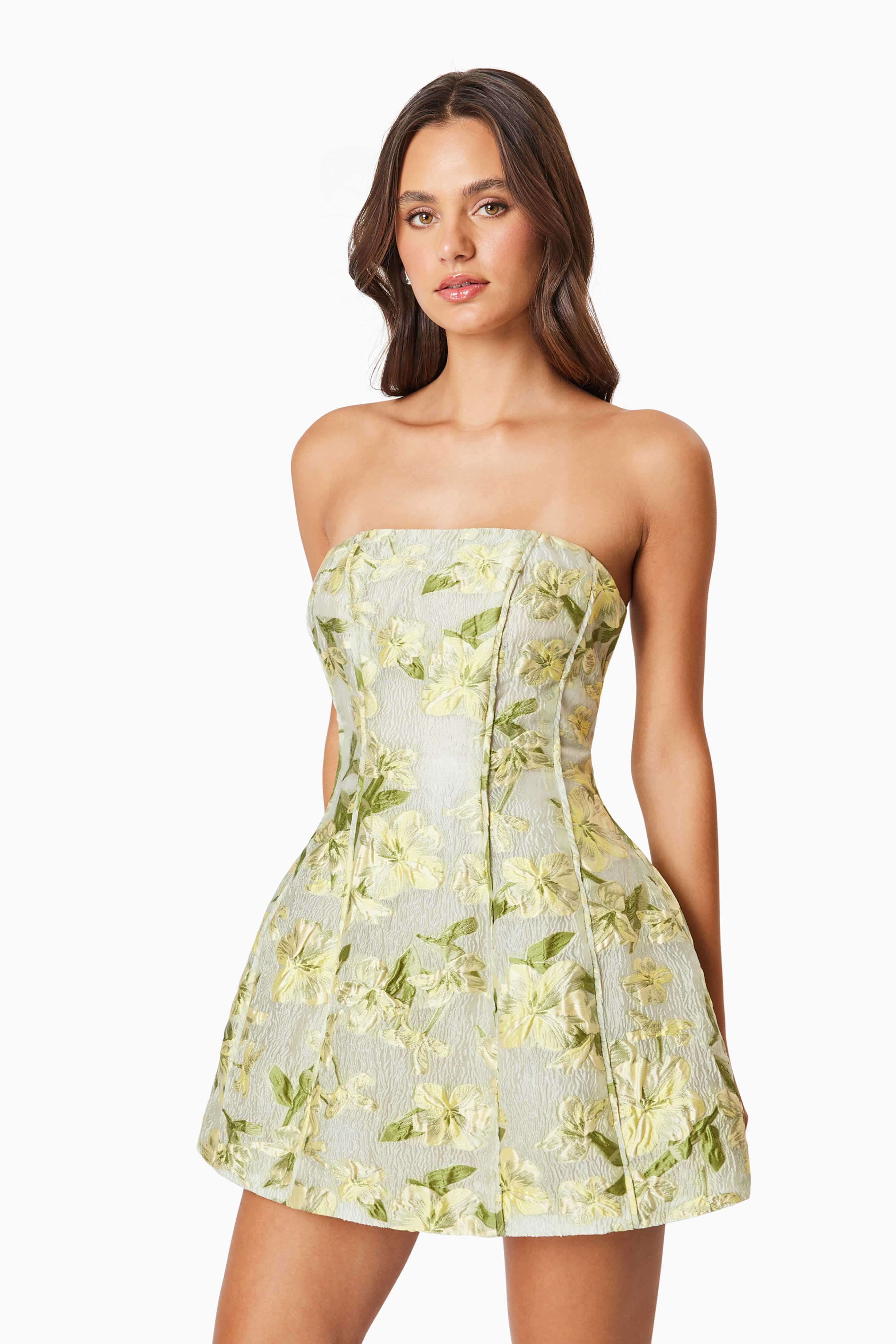 Darner Strapless Mini Dress in Green Floral