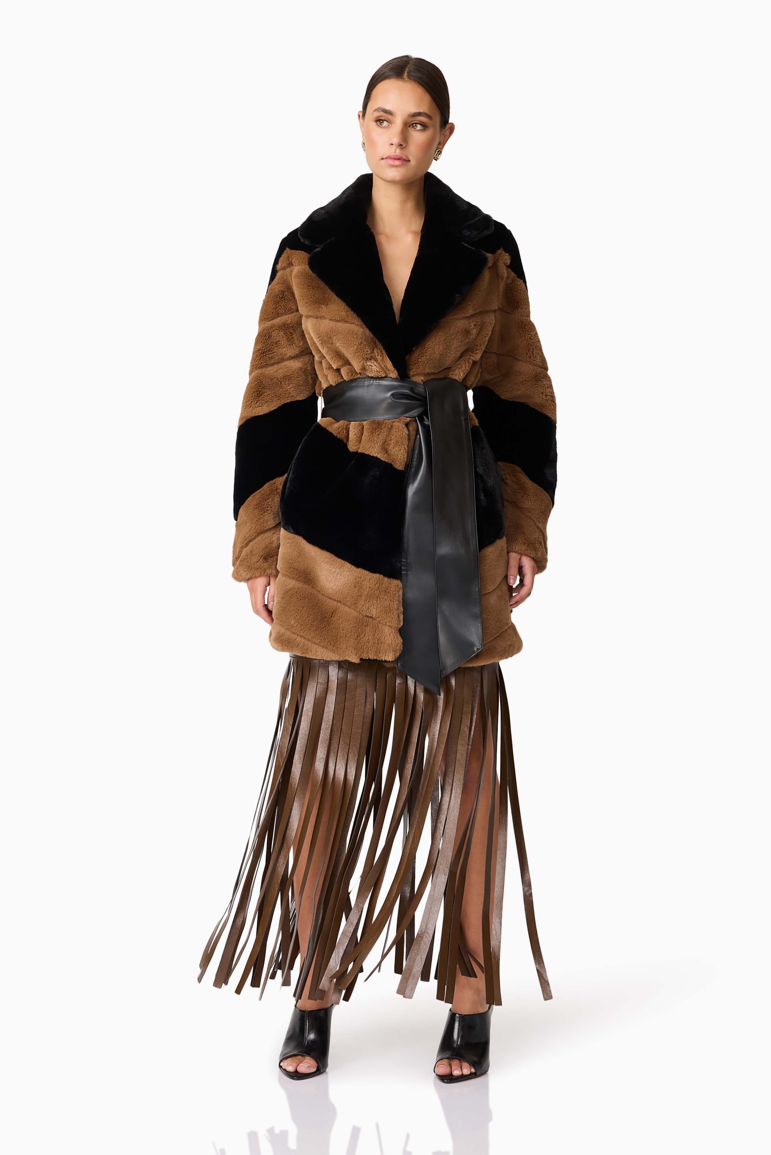 Felicia Faux Fur Coat in Black & Brown