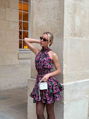 Estelle Halter Mini Dress in Black & Pink Floral